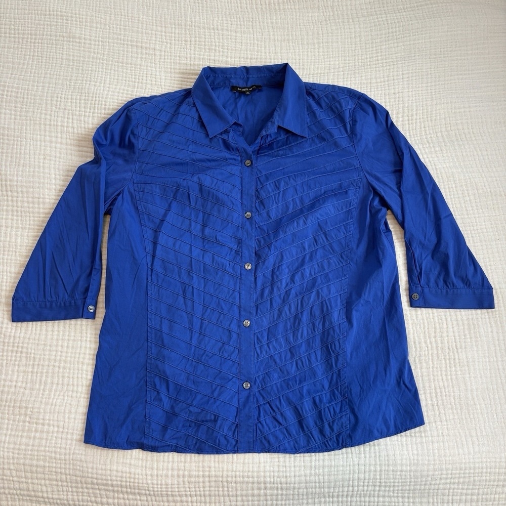 Lafayette 148 New York Shirt Womens‎ 14 Blue Button Front Short Sleeve Career